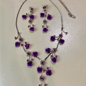 SILVER AND PURPLE CHRISTINA COLLECTIONS FLORAL NECKLACE AND EARRINGS SET (90s)